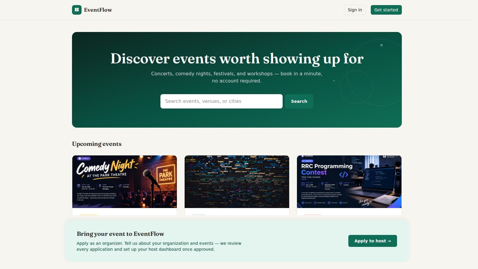EventFlow event ticketing web app banner